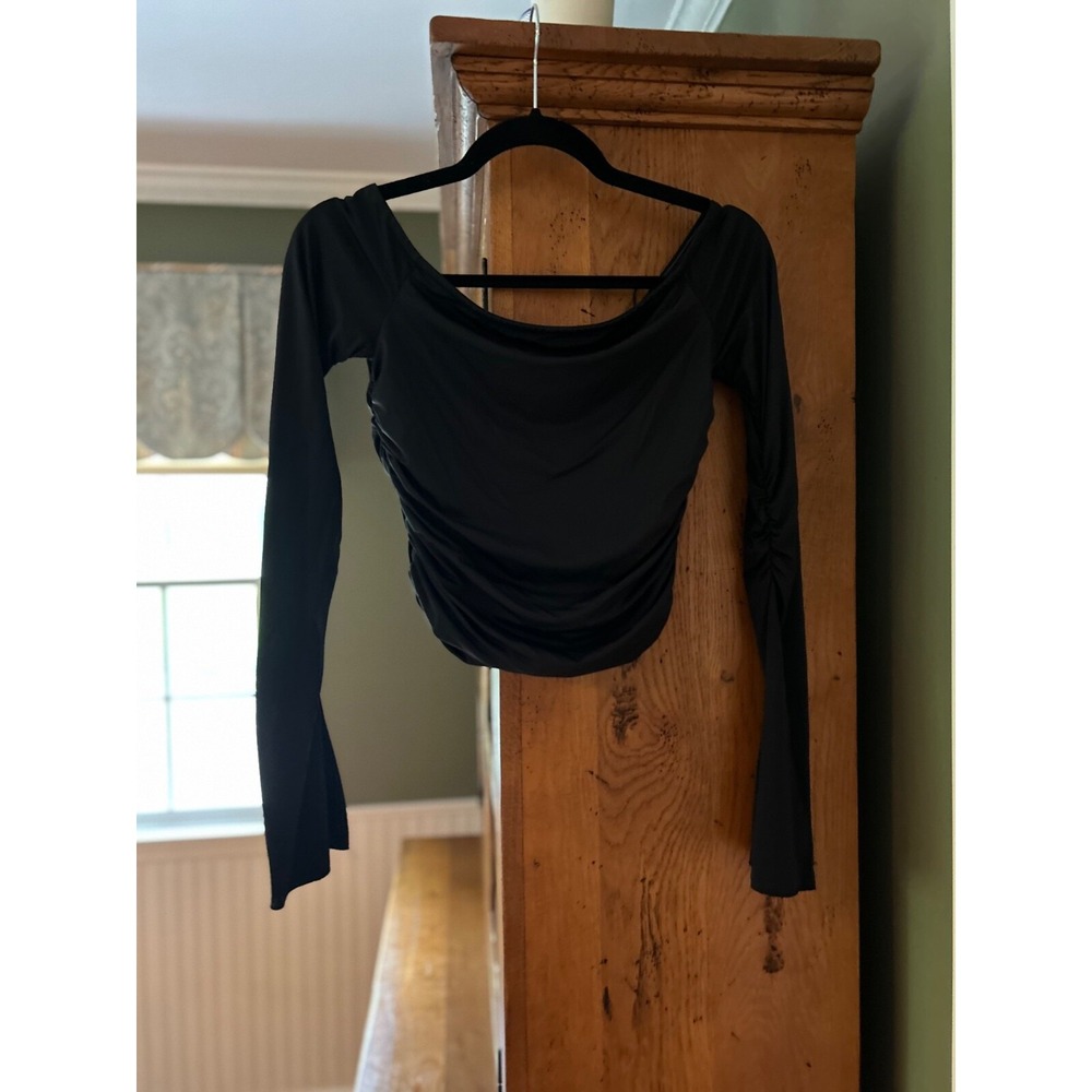 EUC Edikted Black Off-The-Shoulder Ruched Top Long Sleeved Flared Sz Small